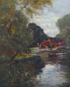 Joshua Anderson Hague R.I., R.B.A., P.R.C.A. (English, 1850-1916) Punt on a river, a tavern