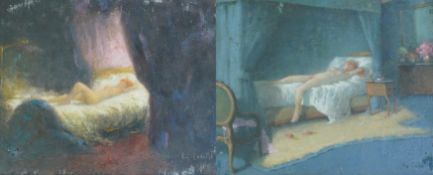 Eugène Cadel (French, 1862-1941) La Chambre Bleu and La Chambre Roseoil on panel (2)signed22 x
