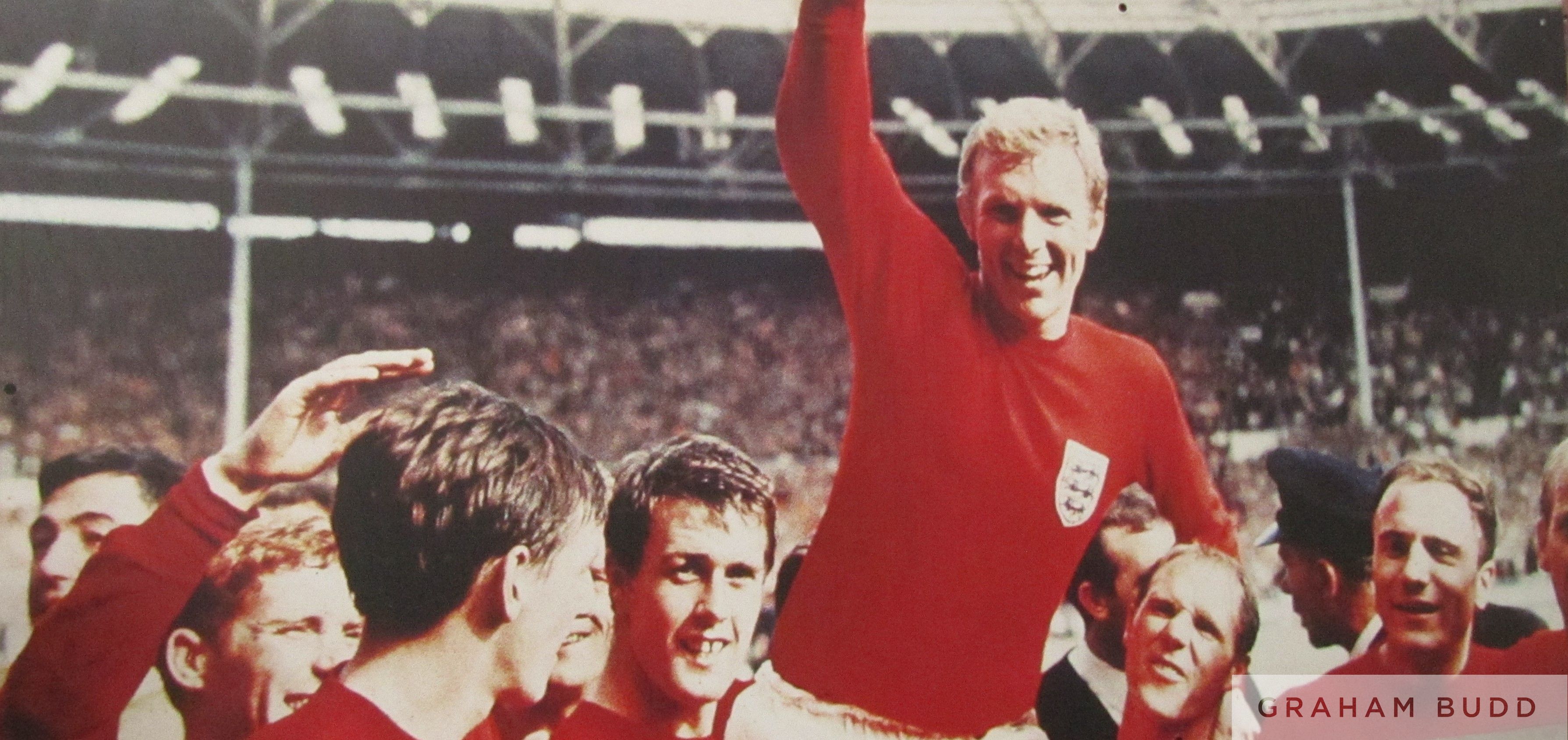 England 1966 World Cup Winners featuring Bobby Moore holding the trophy aloft amongst England player