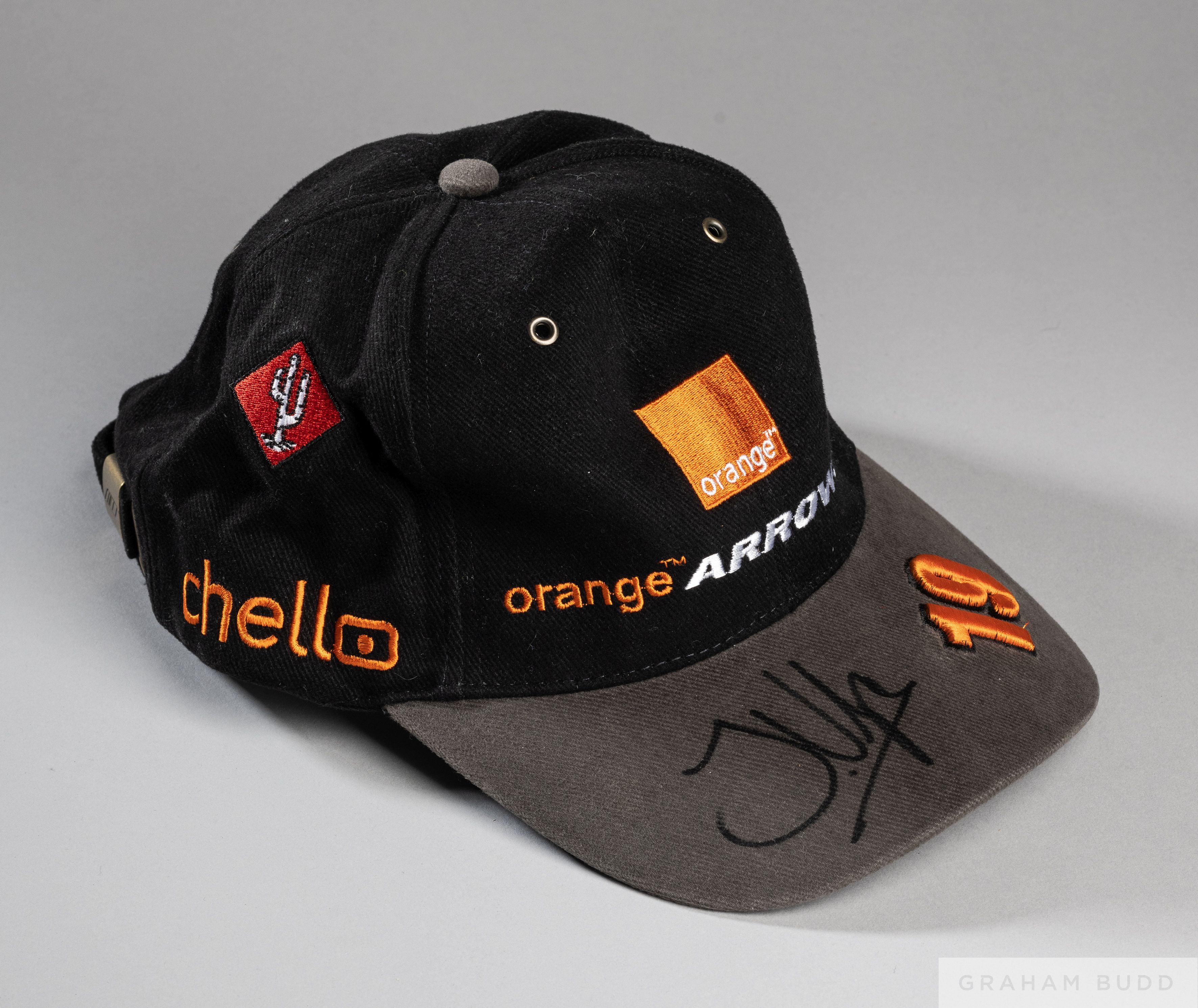 Jos Verstappen worn signed black, orange and grey Arrows F1 cap