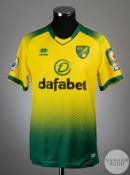 Grant Hanley yellow and green No.5 Norwich City match worn short-sleeved shirt, 2019-20
