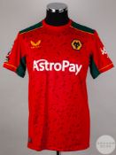 Hwang Hee Chan signed red & greyish green Wolverhampton Wanderers No.11 away shirt, season 2023-24,
