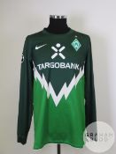 Niklas Schmidt green and white No.41 Werder Bremen match worn long-sleeved shirt, 2010-11