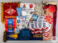 Selection of England miniature pennants with FA pin badges and pens;