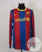 Gabriel Milito garnet and blue No.18 Barcelona match issued long-sleeved shirt, 2010-11