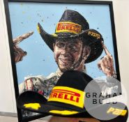 Lewis Hamilton oil painting by Paul Oz ‘Stetson Lewis’ & accompanied by Pirelli’s cowboy podium hat.