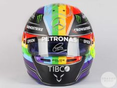 Lewis Hamilton replica Bell HP77 Qatar/Saudi Arabia Rainbow full size helmet with signed tear off.
