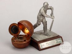 Edwardian Inkwell in the shape of a cricket ball & a silver metal figurine of WG Grace.&nbsp;