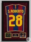 A garnet and blue Barcelona 2010-11 Sergio Roberto No.28 shirt
