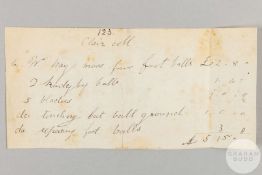 A late Victorian handwritten bill to Andrew Amos for football supplies to Clair College, Cambridge