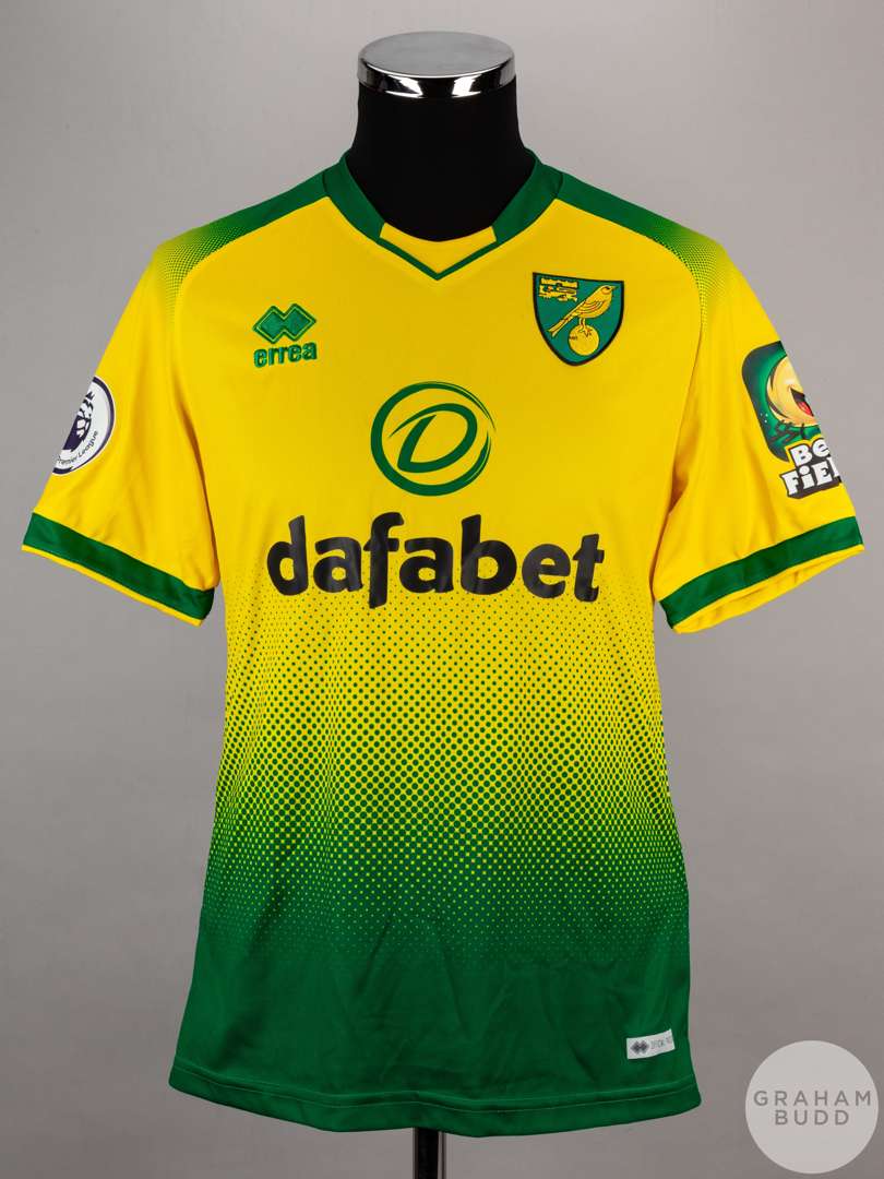 Yosip Drmic yellow and green No.20 Norwich short-sleeved shirt, 2020-21