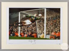 A large colour photographic print of Peter Schmeichel playing for Manchester United