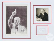 Matt Busby montage featuring an illustration, original b&w; press photograph & autograph
