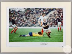 A large colour photographic print of Archie Gemmill scoring for Scotland