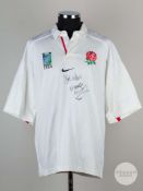 Matt Dawson signed white England No.9 rugby shirt, World Cup 1999