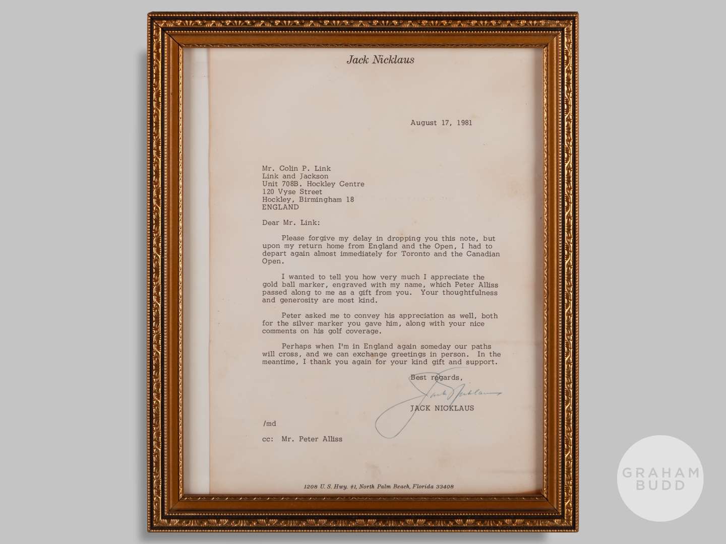 Jack Nicklaus a signed letter to Colin Link (Link and Jackson) from Nicklaus - Image 2 of 2