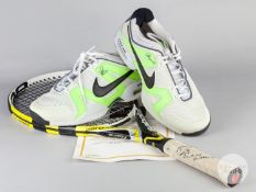 A Rafael Nadal autographed Babolat Tennis racquet & a pair of Nike US Open Tennis shoes