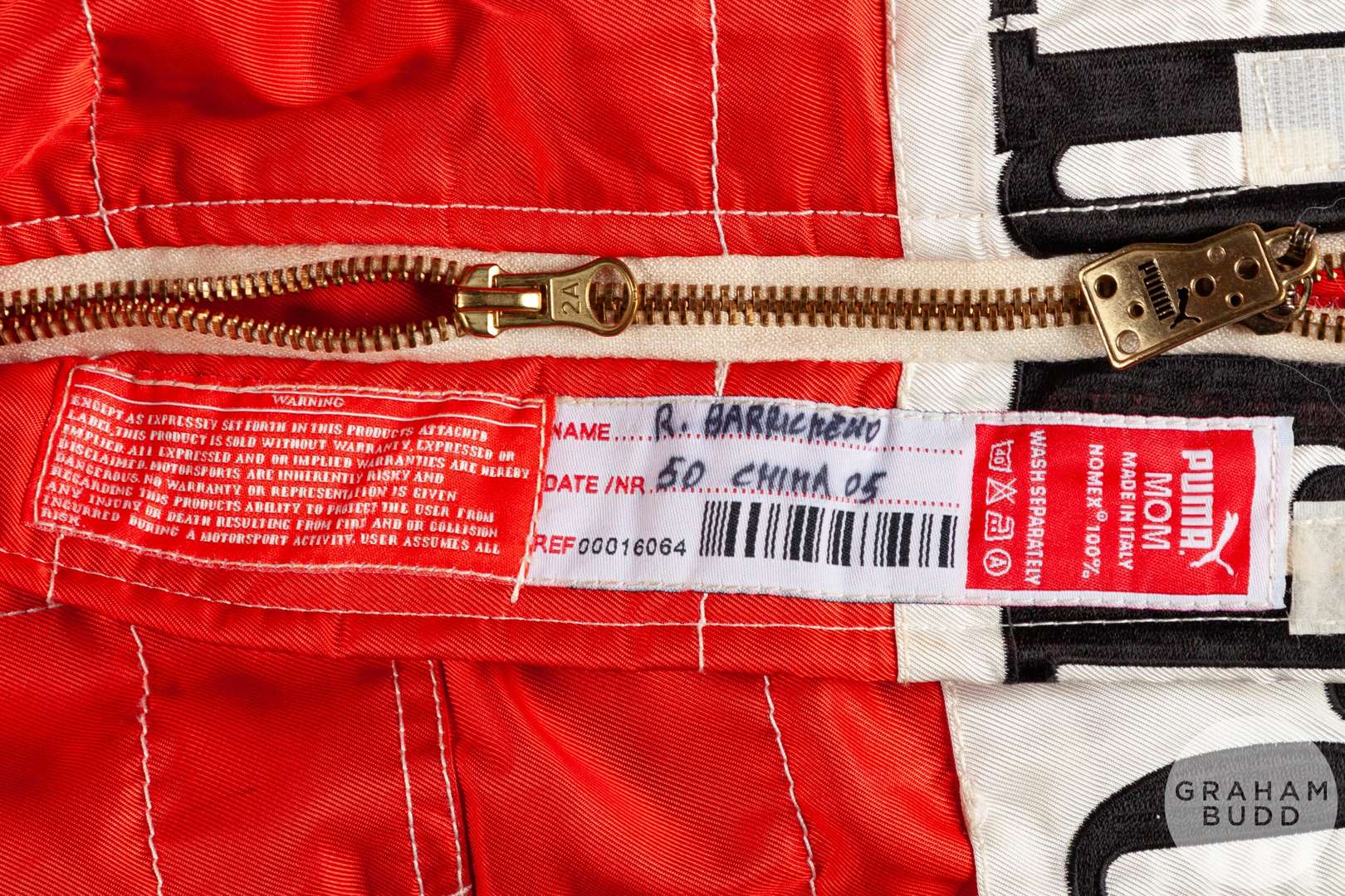 Rubens Barrichello Ferrari 2005 Chinese Grand Prix race worn race suit by Puma. - Image 6 of 7