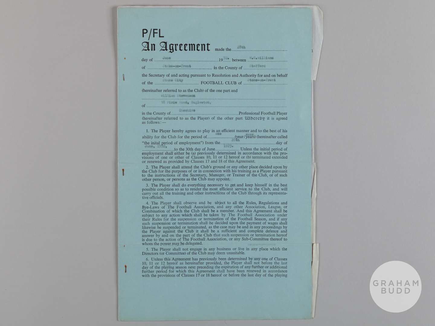 Willie Stevenson a player contract with Stoke City, 1972-73.