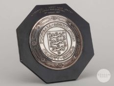 Willie Stevenson silver-mounted Liverpool v. West Ham United Charity Shield plaque, 1964.