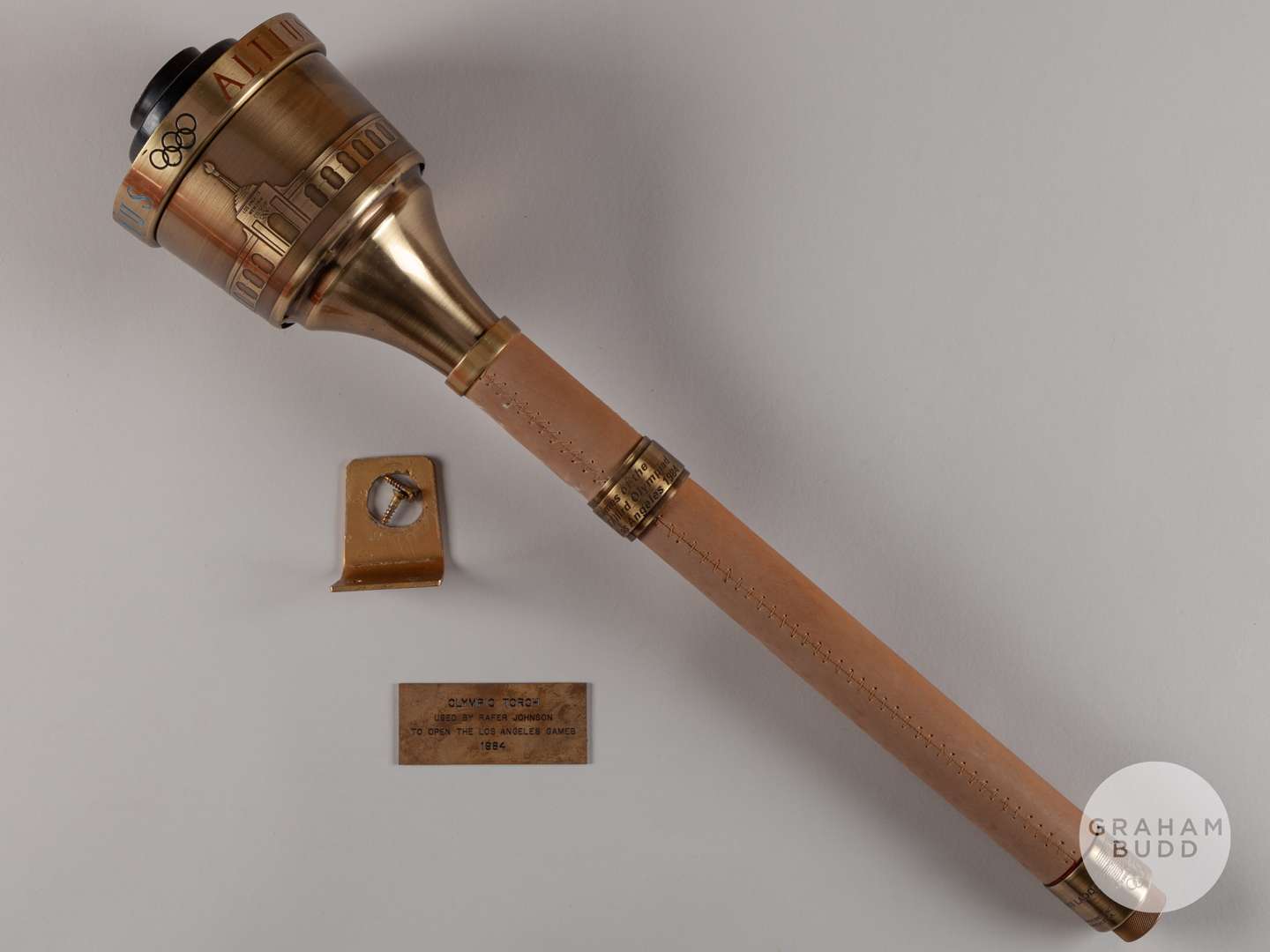 Los Angeles 1984 Olympic Games bearer's torch, brass-finished aluminum with tan leather handle