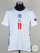 Marcus Rashford white, blue & red No.11 England v. Denmark shirt, 2021.