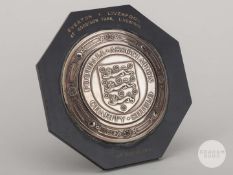 Willie Stevenson black bakelite & silver-mounted Liverpool v. Everton Charity Shield plaque, 1966.