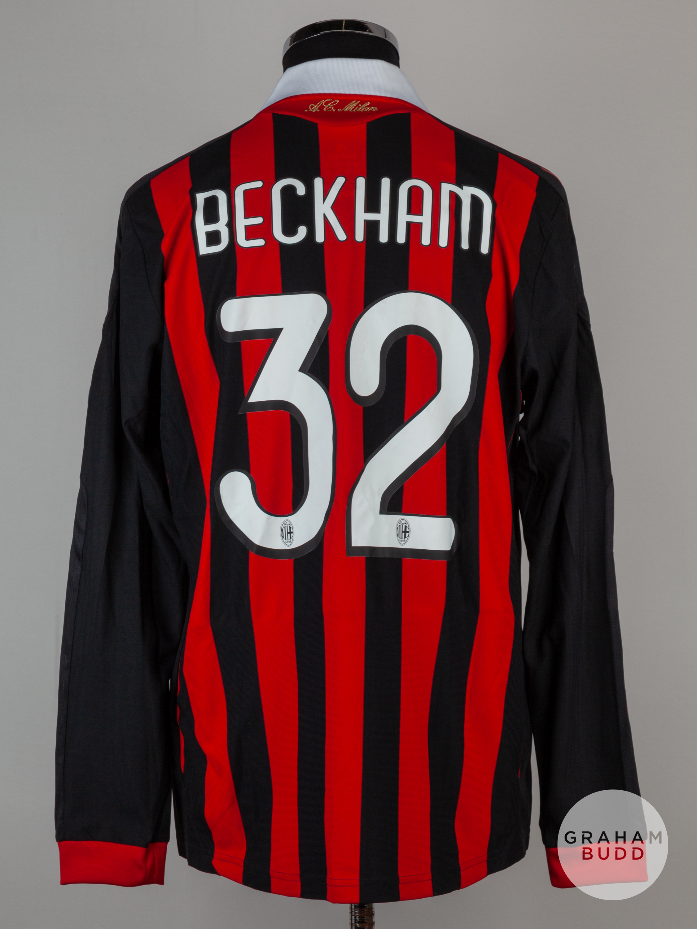 David Beckham red and black No.32 A.C. Milan v. Inter Milan match worn long-sleeved shirt, 2010 - Image 2 of 5