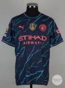 Rodrigo navy blue No.16 Manchester City short-sleeved shirt, 2023-24.