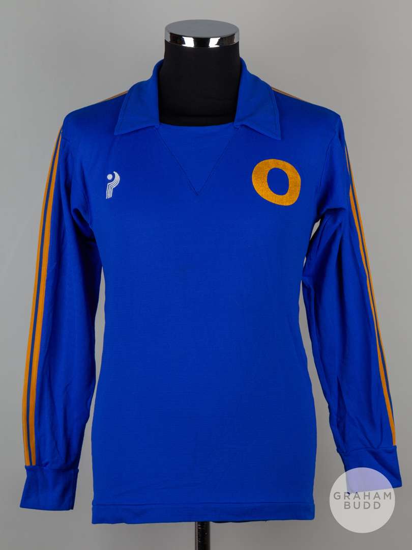 Viv Anderson blue and yellow No.2 long-sleeved shirt, Pex Sportswear with -v-neck style collar