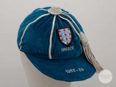 Peter Shilton blue England v. Greece International cap, 1988-89.