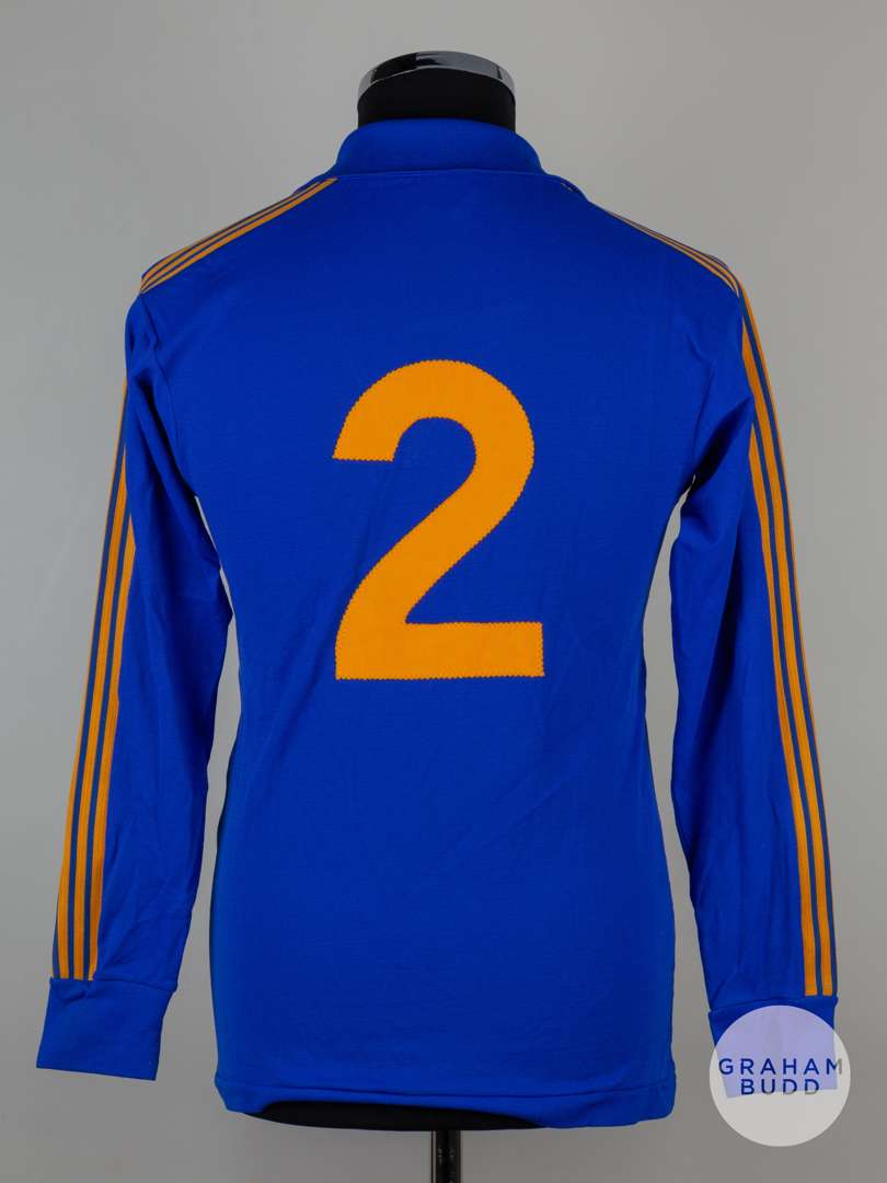 Viv Anderson blue and yellow No.2 long-sleeved shirt, Pex Sportswear with -v-neck style collar - Image 2 of 5