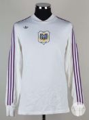 Jean Dockx white and purple No.2 Anderlecht v. Leeds United match worn long-sleeved shirt, 1975