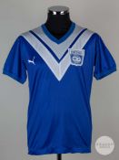 Gordon McQueen a blue and white No.16 Seiko match worn short-sleeved shirt, 1985-86