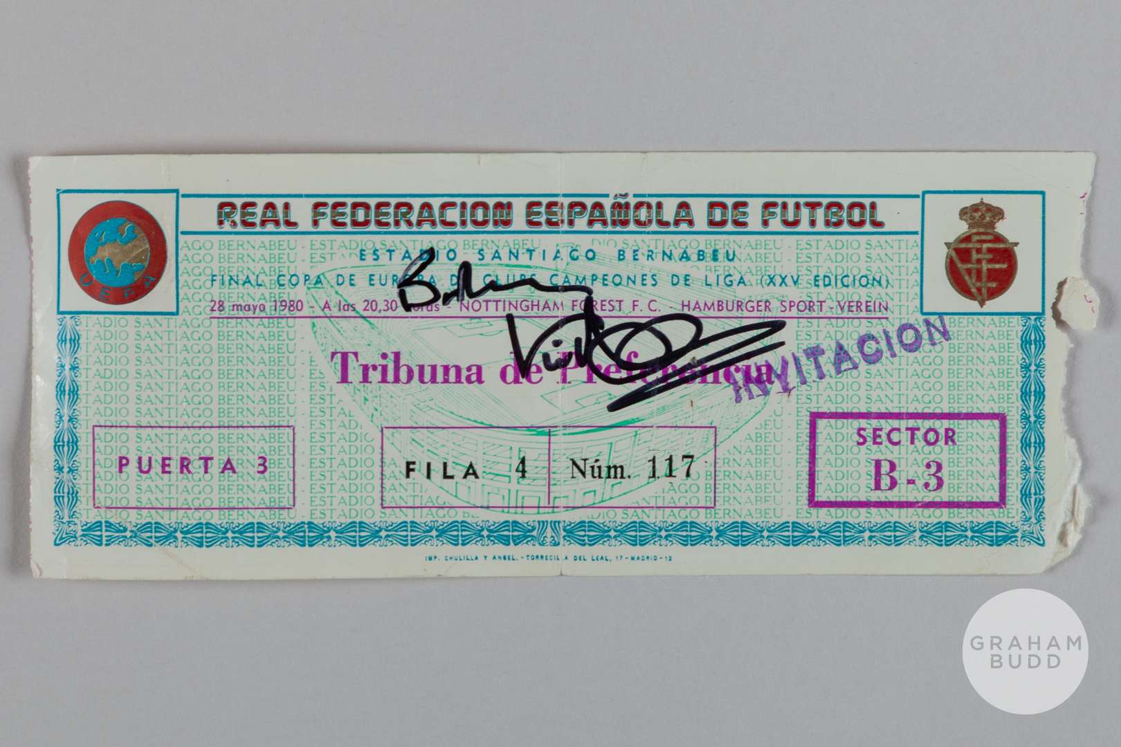 Viv Anderson a Nottingham Forest v. Hamburg European Cup Final ticket, 28th May 1980