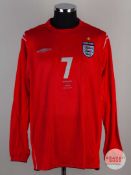 David Beckham red No. 7 England long sleeved shirt v Japan June 1st 2004.