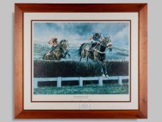Autographed A J Dent print of Looks Like Trouble beating Florida Pearl, 2000 Cheltenham Gold Cup.