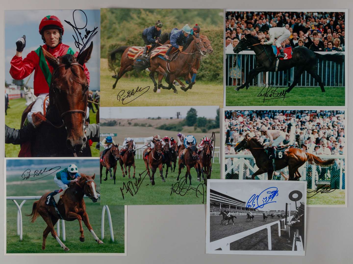 Seven signed photographs of flat race jockeys in action.
