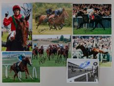 Seven signed photographs of flat race jockeys in action.