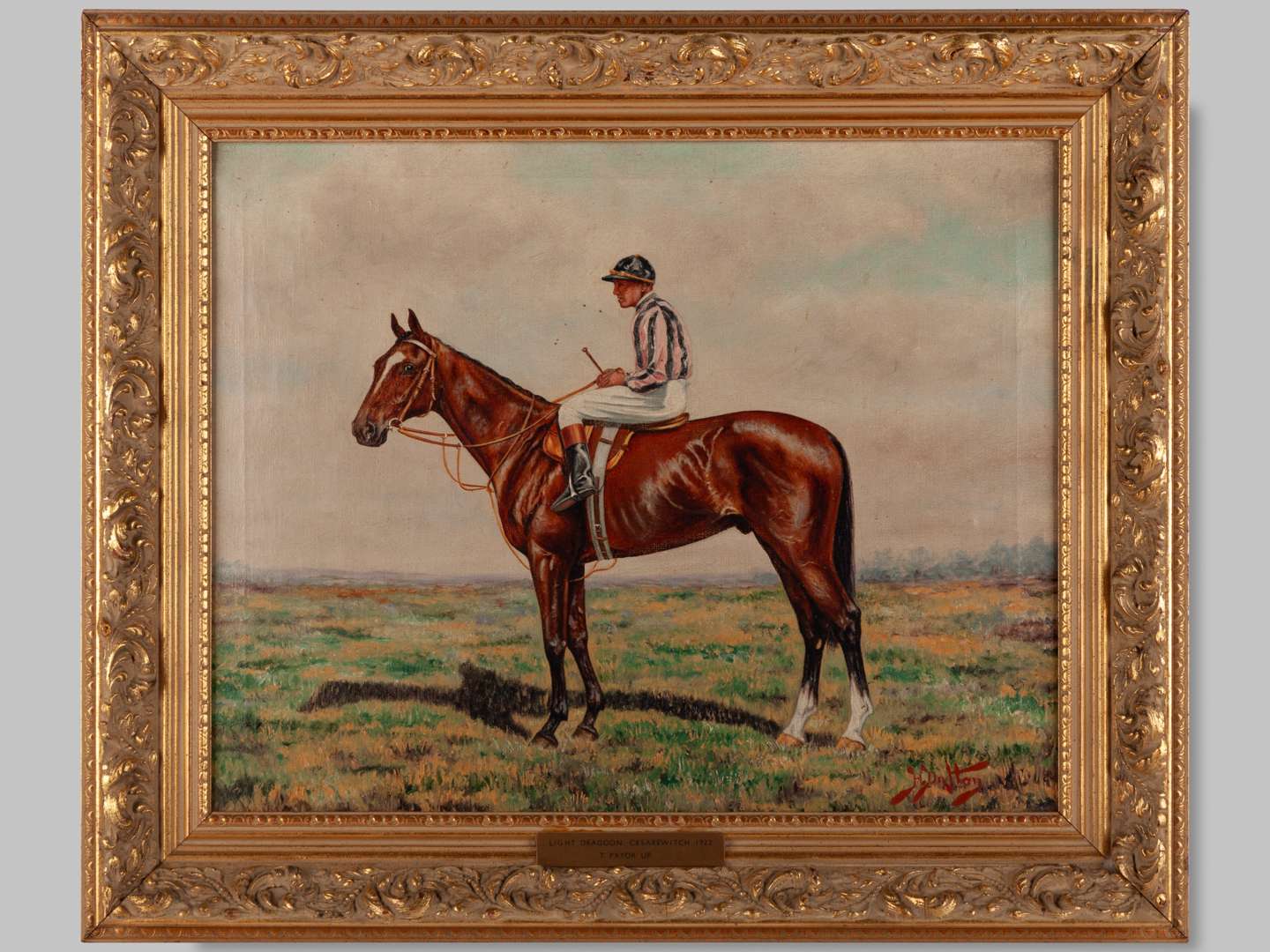 Oil painting by H. Dalton of the 1922 Cesarewitch winner Light Dragoon with jockey Tom Pryor up.