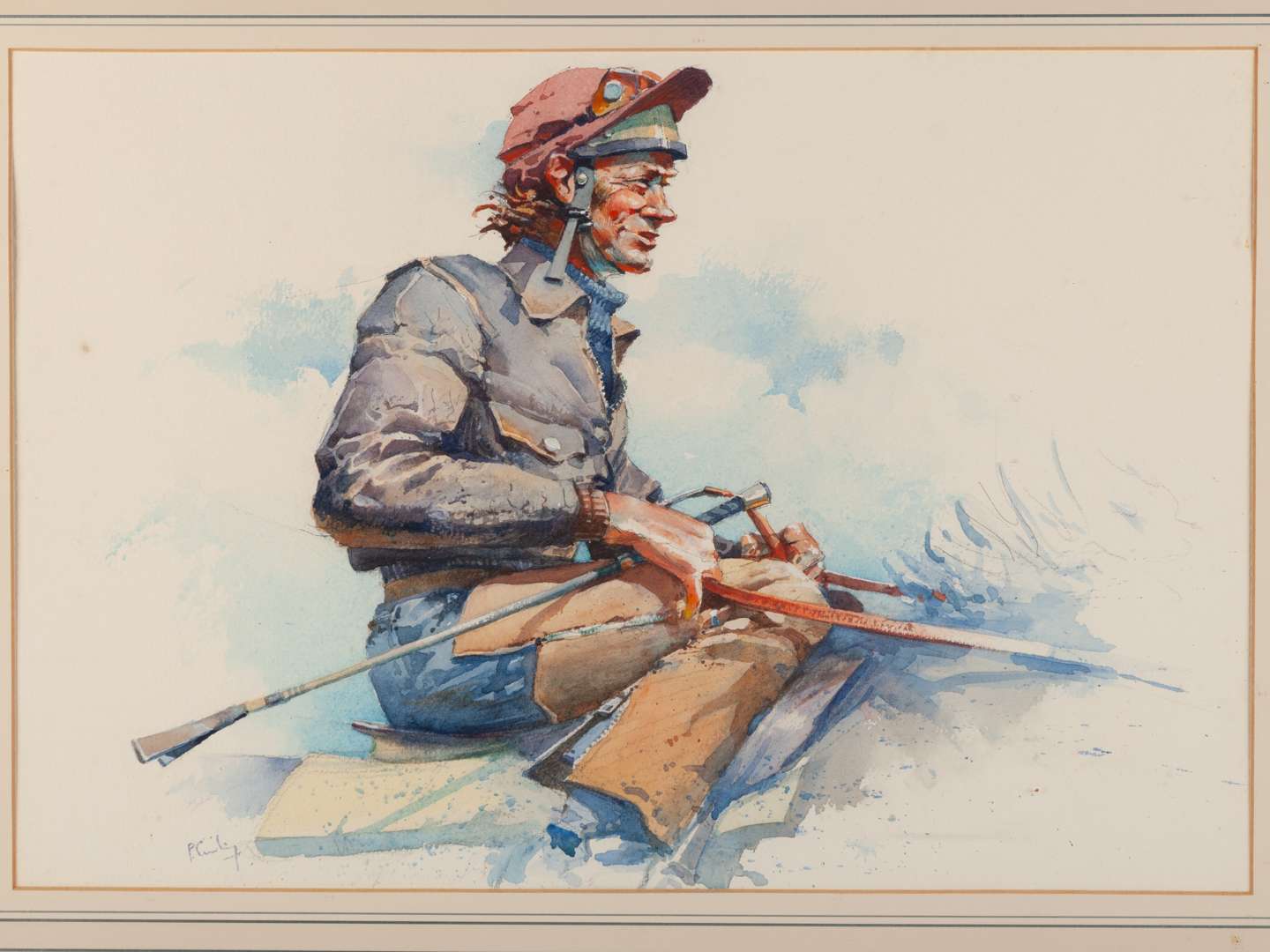 Watercolour of a work rider by Peter Curling.