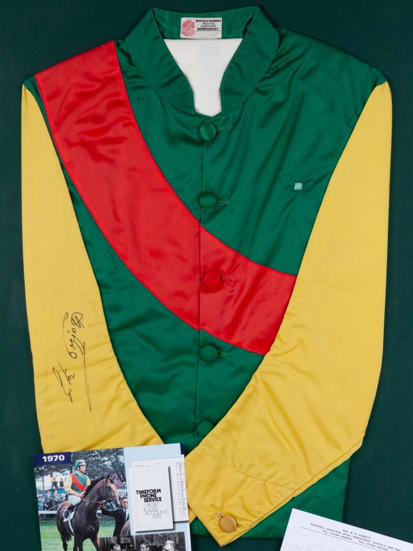 Lester Piggott signed and worn Charles W. Engelhard Jr. racing silks, 1960s.