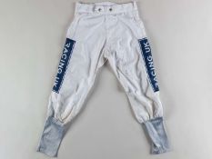Signed Tom Queally jockey breeches worn when riding Frankel to victory, 2010 Royal Lodge Stakes.