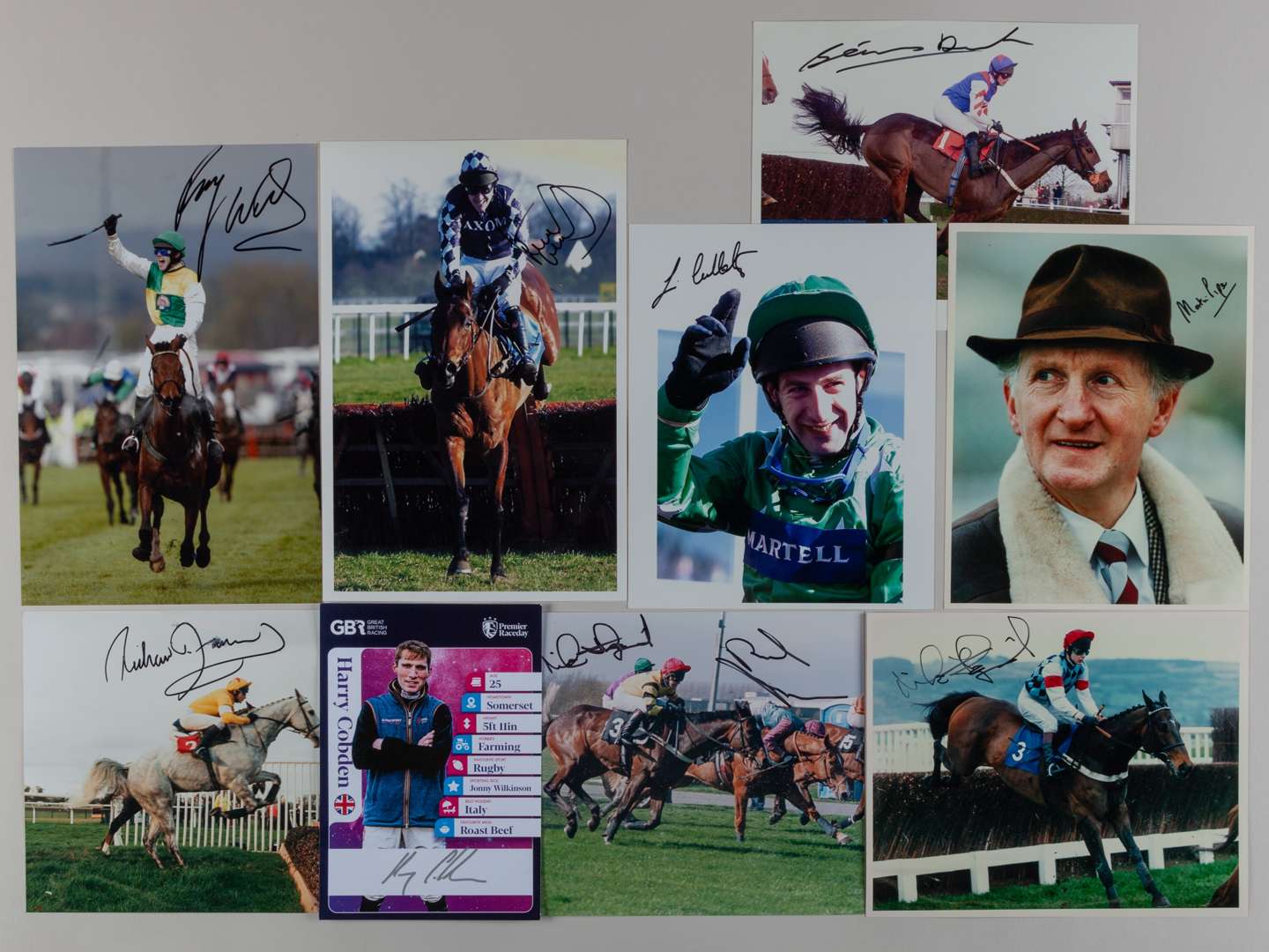 Eight signed photographs of leading National Hunt racing personalities.