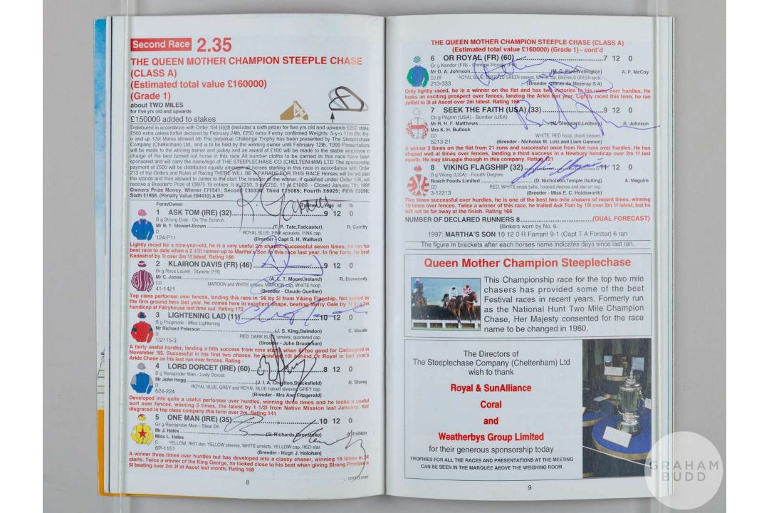 A trio of Cheltenham Festival racecards each fully-signed by the competing jockeys. - Image 4 of 6