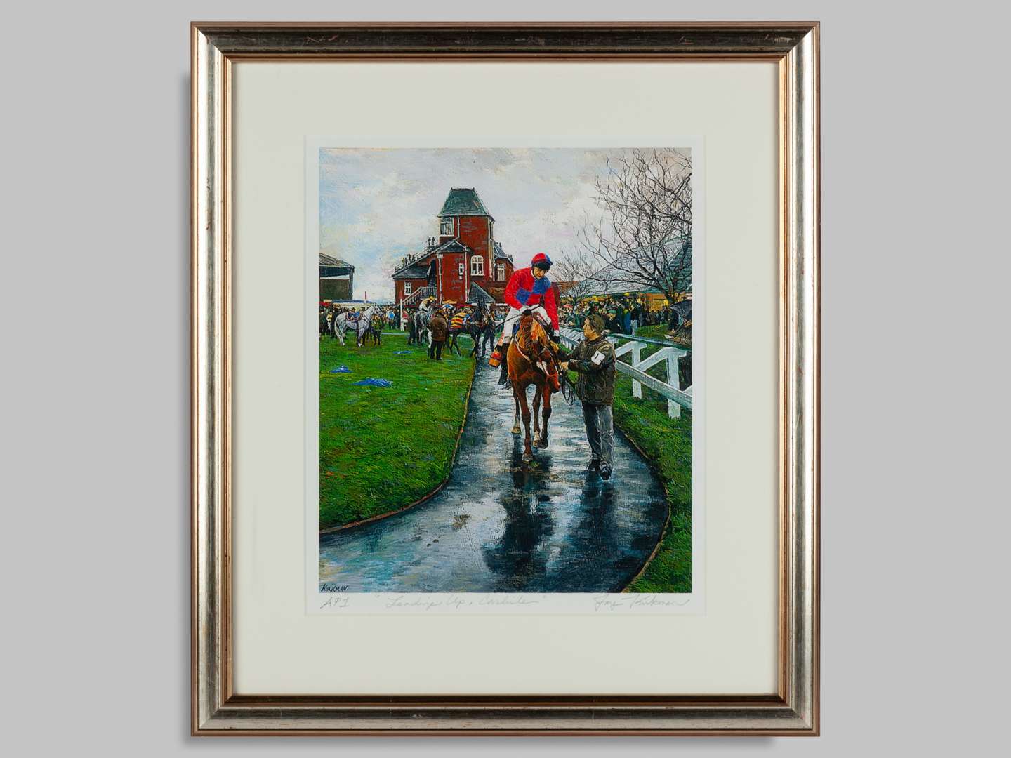 Two horse racing prints by Jay Kirkman.