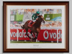Frankie Dettori signed print by Stephen Smith of Authorized and the jockey winning The Derby, 2007.