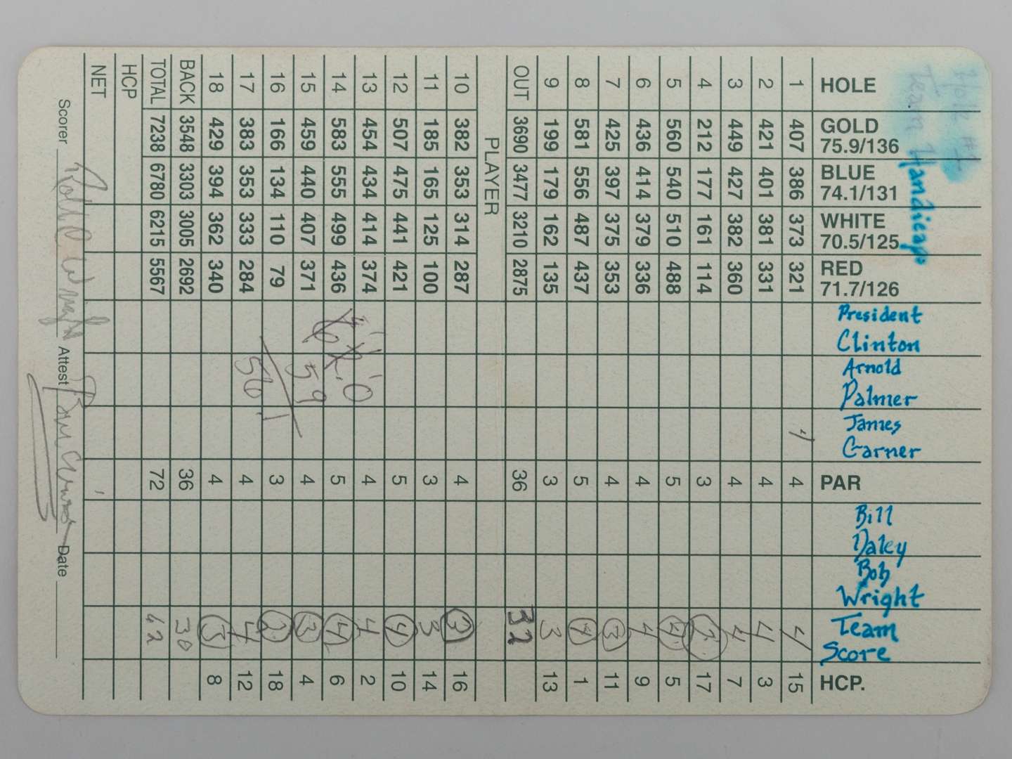 Bill Clinton signed score card from the Robert Trent Jones Golf Club.
