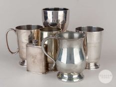 Lance Gibbs five various white-metal tankards.