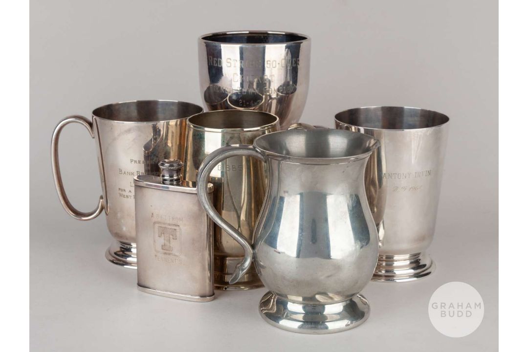 Lance Gibbs five various white-metal tankards. - Image 1 of 3